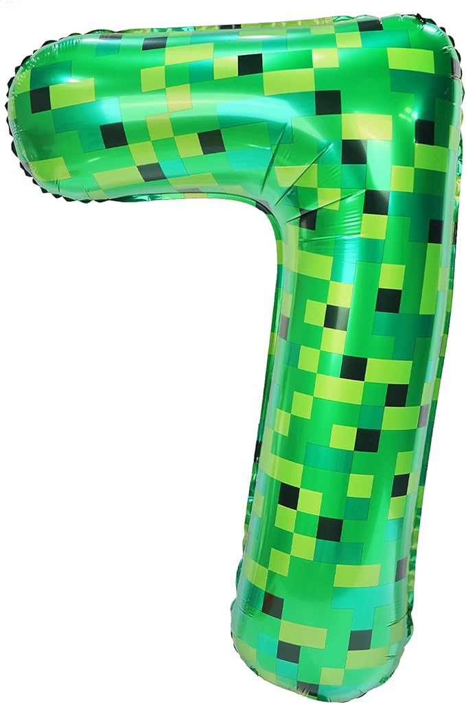 40in Pixel Giant Number 7 Balloon Birthday Decorations, Miner Theme Green Foil Balloons Blast Gaming Party Supplies