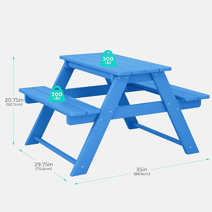 Costaelm Kids Picnic Table, HDPE All Weather Outdoor Toddler Picnic Table and Chair Set Kids Bench for Patio, Backyard, Garden, Lawn, Pacific Blue