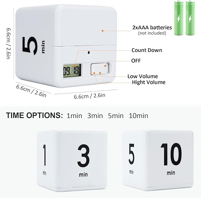 Feilifan Cube Timer - Kids ADHD Productivity Workout Flip Timer for StudyTime & Classroom - Countdown Management Settings 1, 3, 5, 10 Minutes, White