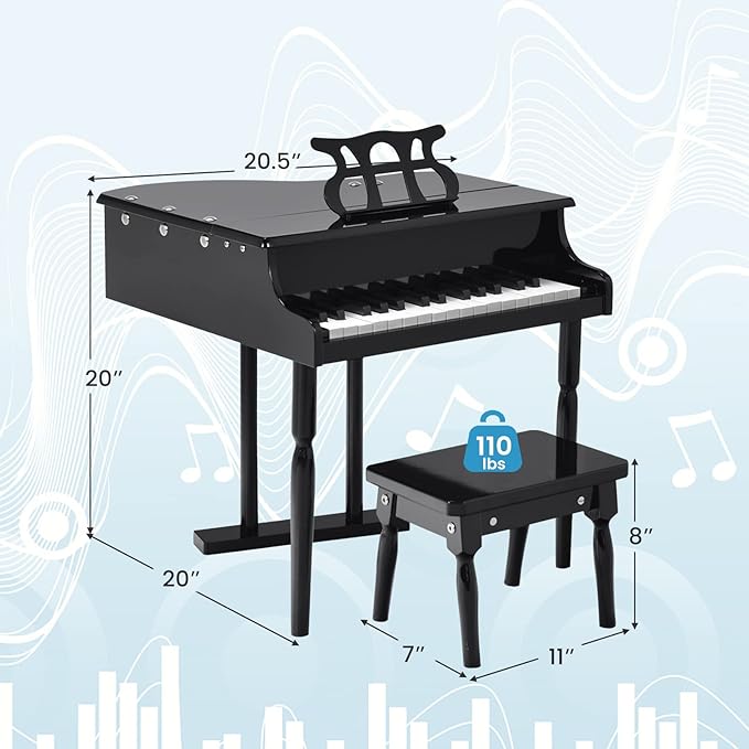 HONEY JOY Classical Kids Piano, 30-Key Mini Grand Piano with Music Stand and Bench, Wooden Musical Instrument Toy w/Lid & Music Rack, Gift for Boys Girls Ages 3+ (3 Straight Leg-Black)