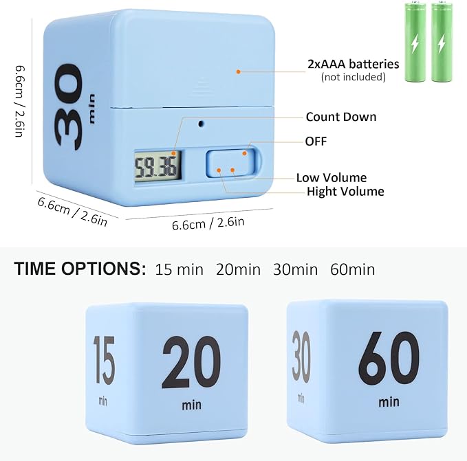 Feilifan Cube Timer,Productivity Timer Kids Time Timer Gravity Sensor flip Timer for Time Management and Countdown Settings 15 20 30 60 Minutes, Blue