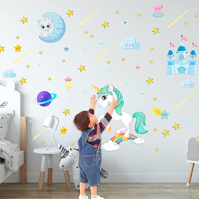Glow in The Dark Unicorn Stickers, 206 pcs Cats and Moon Wall Decals, Glowing Castle Clouds Ceiling Decor for Kids Bedroom, Stars and Rainbow Wall Decor for Girls and Boys Gift
