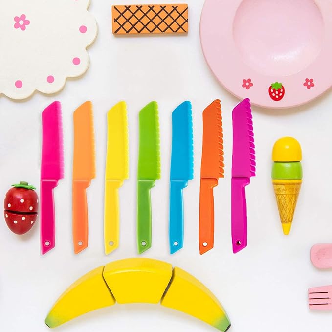 7 Pieces Plastic Kid Kitchen Knife Set, Reusable Nylon Chef Knife Children's Safe Cooking Knives for Baking, Fruit, Bread, Cake, Lettuce Knife, Salad Knife