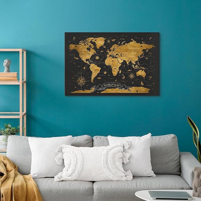 artgeist Canvas Wall Art Print World Map 24x16 in - 1pcs Home Decor Framed Stretched Picture Photo Painting Artwork Image Faux Wood Map of The World Continents Grey k-A-0490-b-a