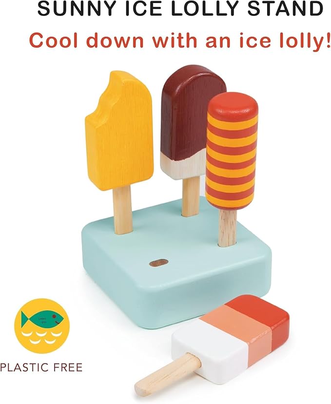 Mentari Toys - Sunny Ice Lolly Stand - 5pc Wood Ice Lolly Popsicle Play Food Set with Base - Pretend Play Food Accessories - Encourage Role Play and Develop Social Skills - Gift for Toddlers - Age 2+