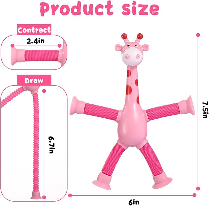 4Pcs Giraffe Pop Tube Sensory Toys, Telescopic Suction Fidget Toys for Autism, Toddler Travel & Airplane Activities, 2025 Boy & Girl Christmas Stocking Stuffers Gift Idea