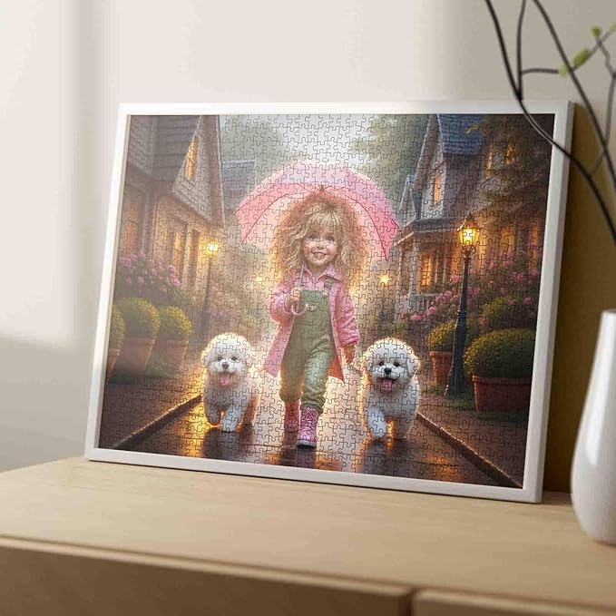 Tucocoo Little Girl 1000 Piece Jigsaw Puzzle for Adults, Cozy Rainy Street with Cute Puppies, Challenging and Relaxing Puzzle for Family, Teens – DIY Crafts Puzzles for Stress Relief, Home Decor Gift