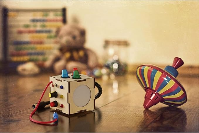 Crown Display Montessori Busy Board Fidget Cube for Toddlers {Improved 2023 Version} Wooden Sensory Activity Cube Toys LED Light Up Buttons Pluggable Wires Baby Gifts Educational Learning Toy