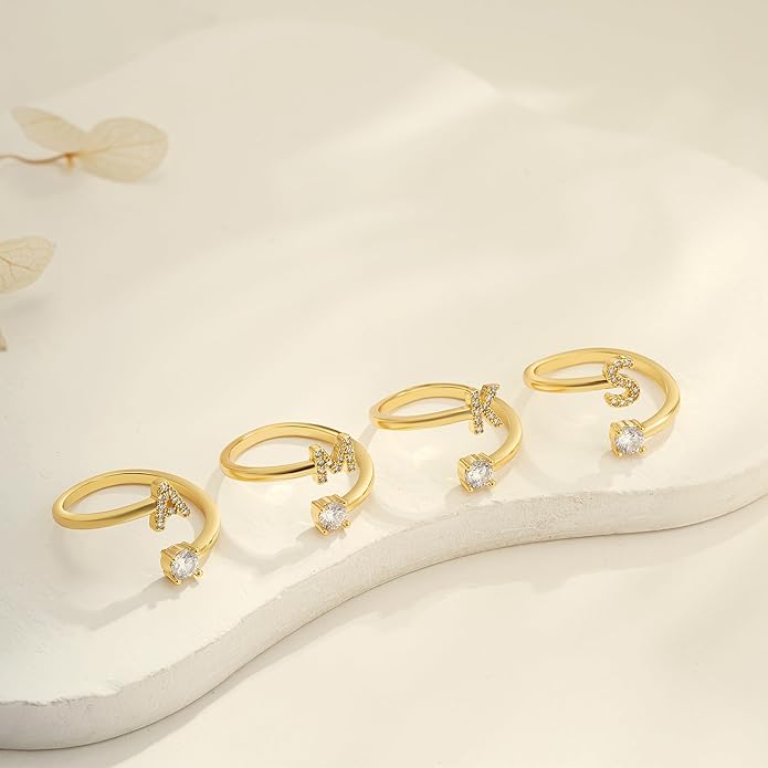 Gold Rings for Girls Women - Dainty 14K Gold Plated Adjustable Letter Rings Teen Girls Gifts Trendy Stuff Initial Ring Teen Girl Birthday Christmas Gift for Girl Non Tarnish
