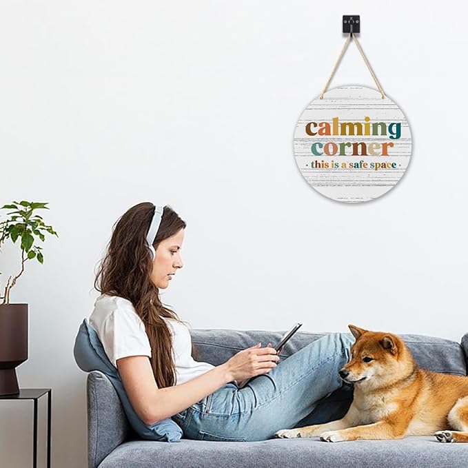 Calming Corner Hanging Wood Sign Plaque - Safe Space, Classroom Decor, School Counselor Office, Calm Down Corner Decorations, Boho Decor, 10x8 (Round, White)