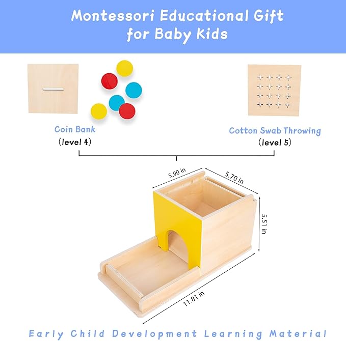 Adena Montessori 5 in 1 Wooden Montessori Play Kit Baby Toys,Object Permanence Box,Matchstick Color Drop,Cotton Swab Drop Game,Carrot Harvest and Coin Box for Kid 1 Year Old,Gift for Baby 6-12 Month