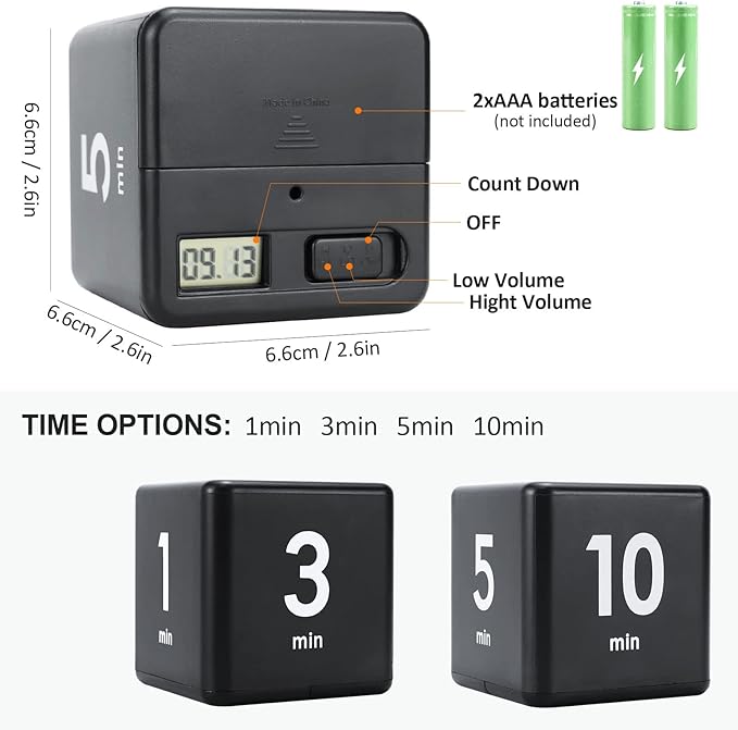 Feilifan Cube Timer, Kid Focus Study Timer Kitchen Work Timer Time Block Cube Gravity Flip Time Block Cube 1-3-5-10 Minutes Time Management, Black
