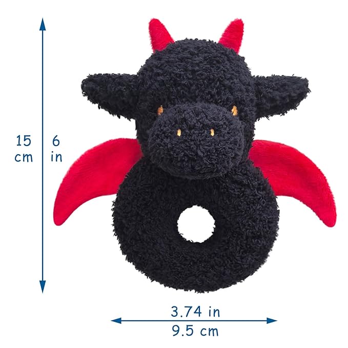Baby Dragon Soft Rattle Toy, Plush Dinosaur Infant Shaker Rattle Easy-Grasp Stuffed Animal Toy, Gifts for Newborns Babies Toddlers Boys Girls, Black, 6 Inches