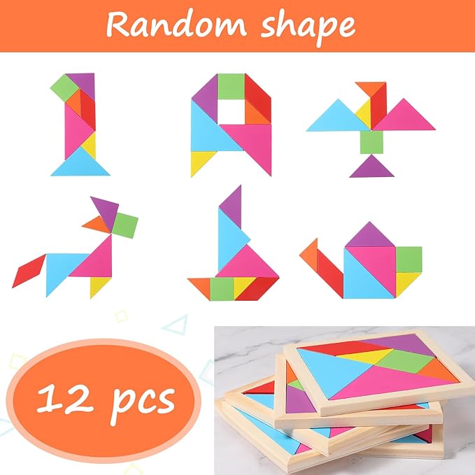 Meooeck 12 Pack Tangrams Wooden Puzzles Tangrams Classroom Set for Kids Shape Puzzles Brain Logic Blocks for Games Educational Gifts for Adults Kids Ages 4-8 8-12(Classic Style)