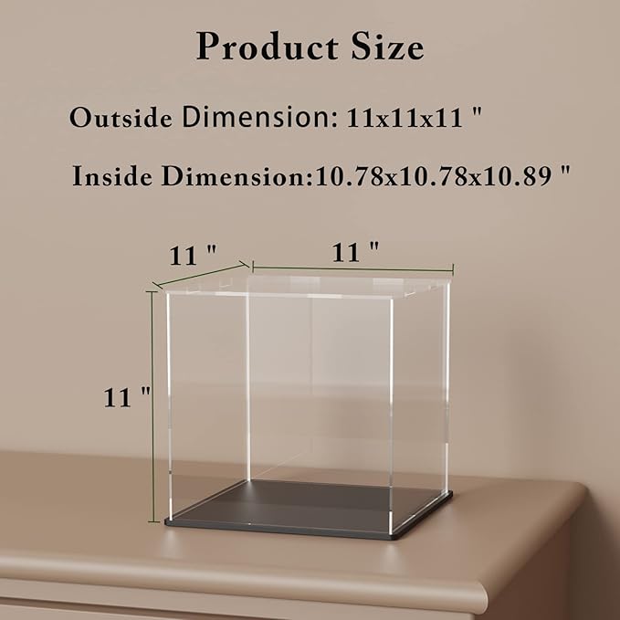 Acrylic Display Case, 11x11x11 Inch Cube Acrylic Boxes for Display, Clear Display Cases with Matte Black Base and Lid for Collectibles and Figures