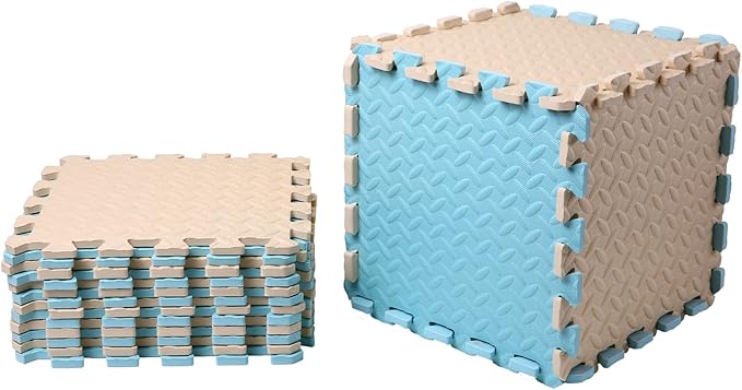 Foam Play Mat for Baby, 0.4 Inch Thick Foam Interlocking Floor Mats, Soft Non-Toxic Baby Playmat, Solid Colored Puzzle Play Mat Kids Floor Mats for Toddler, 16 Tiles(Beige/Light Blue)