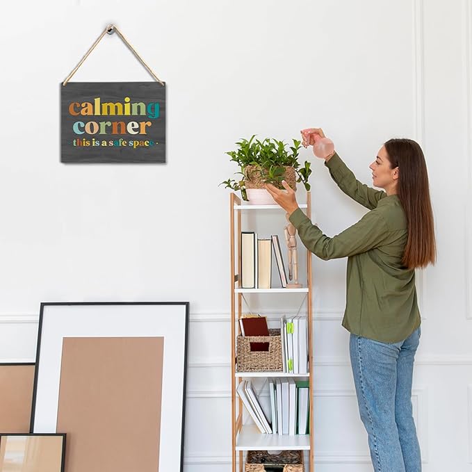 Calming Corner Hanging Wood Sign Plaque - Safe Space, Classroom Decor, School Counselor Office, Calm Down Corner Decorations, Boho Style (Gray), 10x8