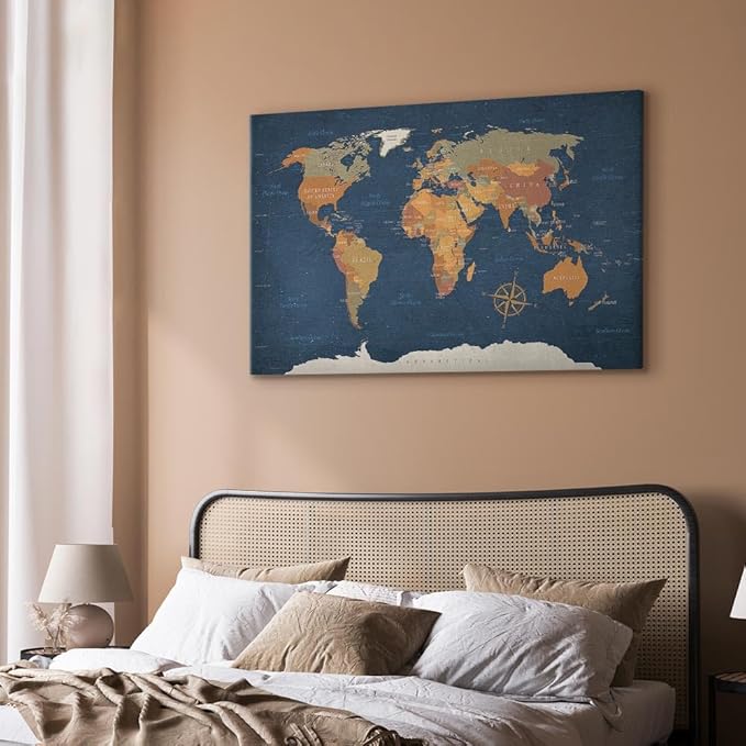 artgeist Acoustic Canvas Wall Art Print World Map 35x24 in - 1pcs Picture with Acoustic Foam Sound Print Artwork Room Acoustics Soundproofing Poster Map of The World World Travel Map k-C-0048-b-b