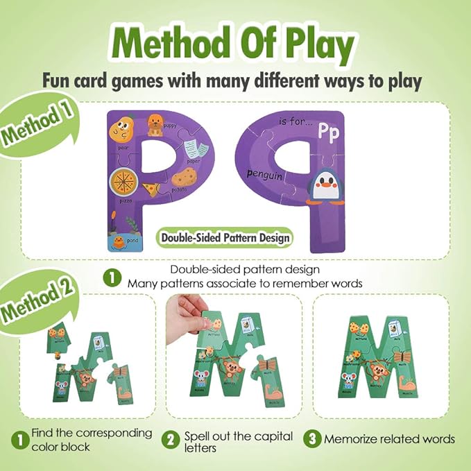 Wooden Jumbo Alphabet ABC Letter Toddler Puzzles Color Shape Animals Recognition Montessori STEM Jigsaw Preschool Learning Educational Toy for Kids 3 4 5 Years Old Boys Girls