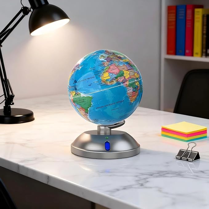 360-degree rotating globe, independently supported by a base, 9-inch design world globe, built-in LED night light, high-definition color visual map details, suitable for children's geography education, study and office decoration, living room decoratio...