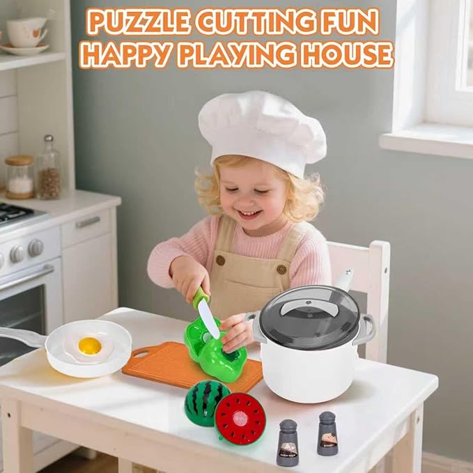 90Pcs Kitchen Playset Accessories, Pretend Cooking with Pots, Pans, Cookware, Food, Fruit, Veges, Color Sorting Baskets, Prop Money, Learning Gift for Girls Boys Toddlers (White)