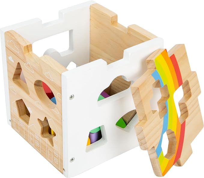 Wooden Rainbow Shape Sorter Cube – Sorting Toy with 13 Geometric Shapes & Removable Lid – Educational Game for Dexterity & Fine Motor Skills – Teaches Counting, Shapes and Colors – Ages 12+ Months