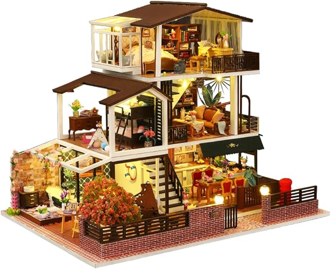 Yuzhen DIY Miniature Dollhouse with Furniture and LED Lights, European Style Villa Wooden Dollhouse Includes Dustcover and Music Movement, Exquisite Home Decor