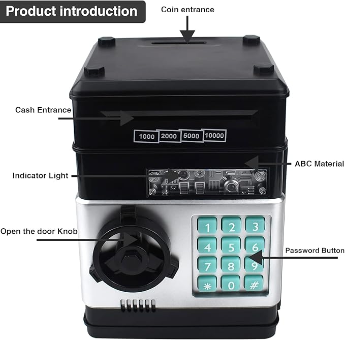 Piggy Bank Electronic Mini ATM for Kids Toy, Safe Money Saving Box Coin Banks Password Code Lock for 3-14 Years Old Kids, Boys Girls Ideal Gift (Black)