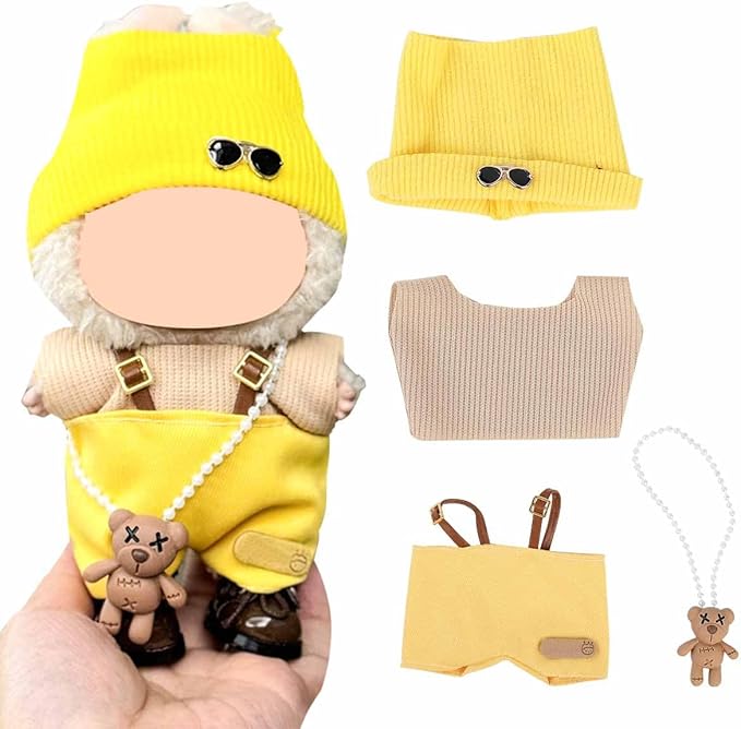 Doll Clothes for Labubu(NO Doll), for 17/15cm Plush Dolls, Clothing Suit Toy Figurine Outfit Set Dress Up with Kawaii Style Accessories, Multicolour Overall and Cute Hat or Headwear (LB101)