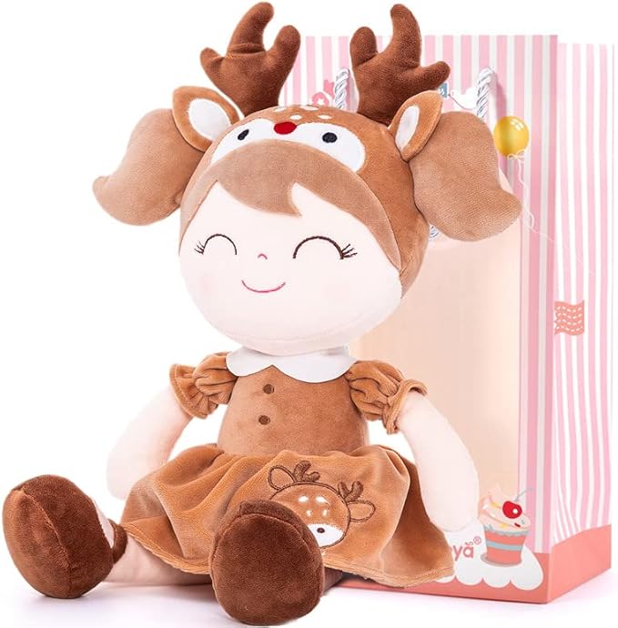 Gloveleya Plush Baby Doll Girl Gifts – 16 Inch Soft Elk Deer Doll with Gift Box, Brown Toddler Girl Birthday Present, Keepsake First Plush Toy for Nursery, Christmas