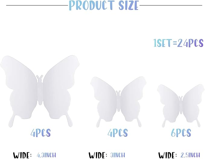 BBTO 48 Pieces Butterfly Wall Decor DIY Mirror 3D Butterfly Stickers Removable Decals for Home Bedroom School Bathroom Living Room Decor(White)