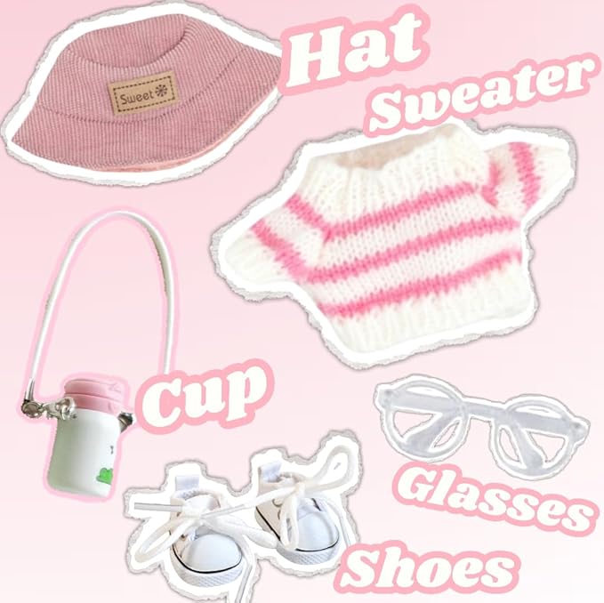 15cm & 17cm Doll Clothes Outfits Set - Premium Dress Up Bundle with Exquisite Accessories | Soft Fabric Fashion Doll Costume for 15-17cm Dolls (Pink Sweater-5)