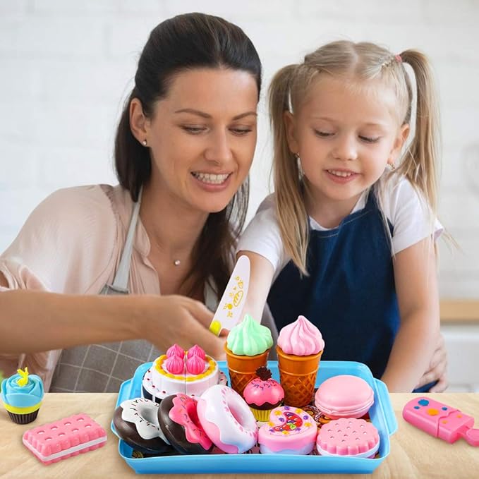 LOVESTOWN Pretend Desserts Toy Set, 15 PCS Play Food Desserts for Kids Kitchen, Toy Ice Cream Cupcake Baking Plastic Play Food for Girls Boys Birthday Gift