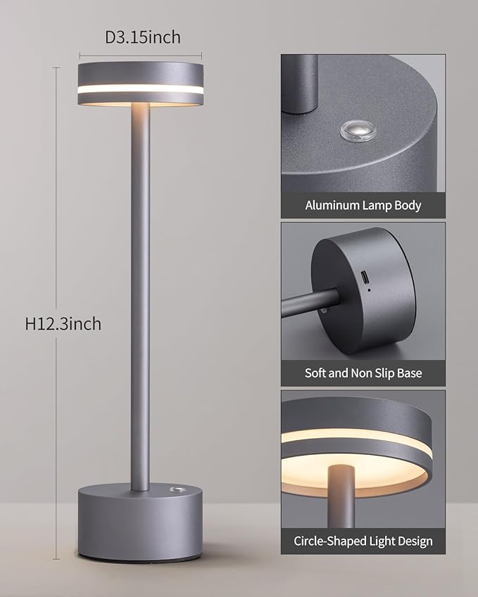 PUSU Portable Table Lamp Battery Powered LED Lamp Cordless Table Lights 3-Level Brightness Touch Control, for Home Office Bedroom Hotel Room Restaurant Outdoor(Gray)