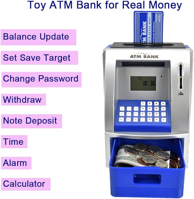 ATM Piggy Bank for Kids, Electronic Money Bank with Coin Counter, Goal Tracker, Password & Card, Auto Bill Intake with Voice Prompts – Compact Savings Gift for Boys & Girls Ages 6–12 (Blue)