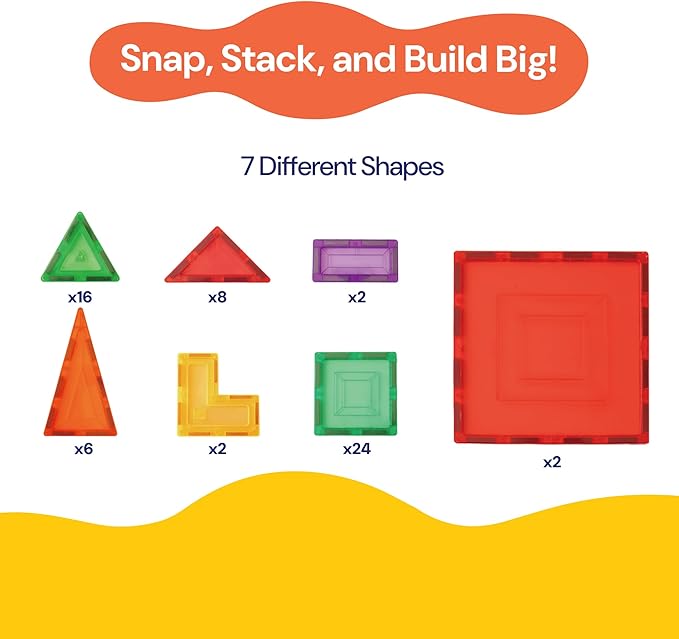 PLAYVIBE Magnetic Tiles - 60 Piece Set, Multicolor - Hands-On STEM Play & Stem Toys - Strong Magnets & Magnetic Tile Blocks - Sensory Toys & Car Creations