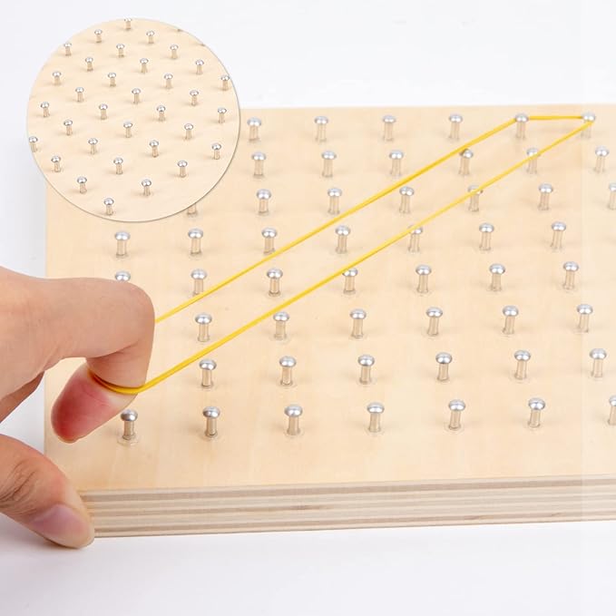 Wooden Geoboard with Rubber Bands, STEM Educational Toy for Spatial Reasoning and Fine Motor Skills Kids 3 Years+