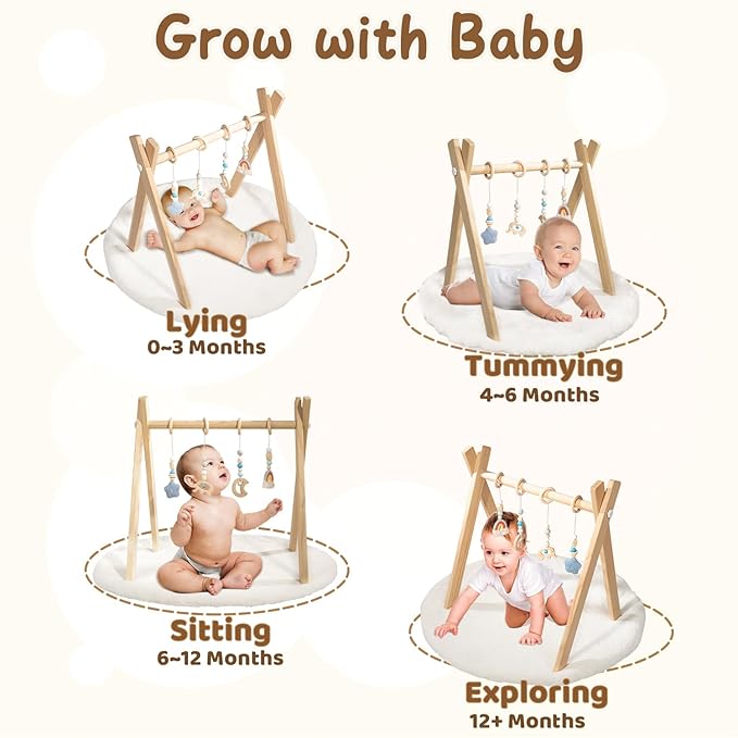 Wooden Baby Play Gym with Activity Mat, Foldable Baby Gym Frame with Hanging Sensory Toys for Newborn Baby