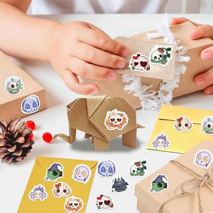 Halloween Party Favors, Halloween Stickers, 500 PCS Skull Vinyl Waterproof Stickers for Teens, Hall-oween Decorations Games Treats Classroom Crafts Gifts Party Supplies