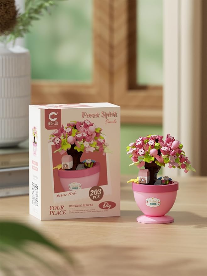 Peach Retreat Mini Bonsai Tree Micro Building Set Building Toy Plant Cherry Tree Flower Collection Decor for Home Desk Greenery Decoration Building Blocks DIY Creative Gifts