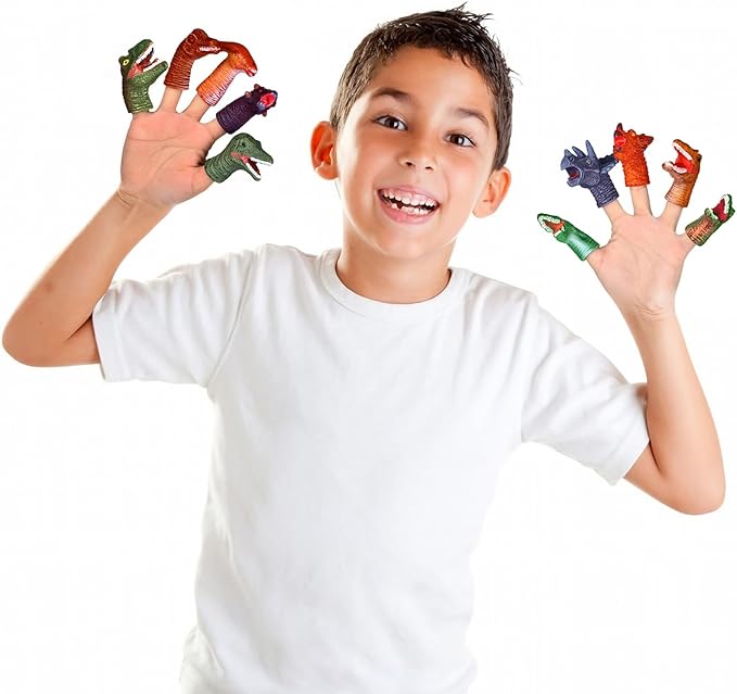 Fun Little Toys 10 Pcs Dinosaur Head Finger Puppets, Best Choice for Party Favors, Stocking Stuffers, Pinata Fillers and Goodie Bag Fillers