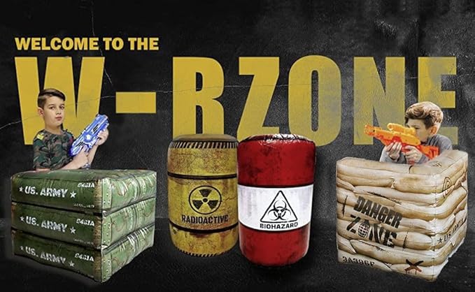 Package 8 Combat Battle Field Inflatables, 6 Barrels + 1 Sandbag + 1 Army Box, Compatible with Laser tag, Water Gun for Boys Birthday Party Activities and Decoration.