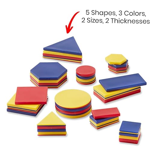 hand2mind Plastic Attribute Blocks Student Kit, Geometry Set, Preschool Learning, Manipulatives for Preschool, Montessori Math, Shapes for Toddlers, Home Schooling Materials Pre-K (Set of 60 Blocks)