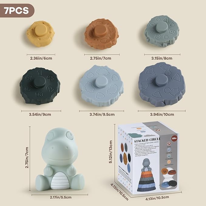 Stacking & Nesting Baby Teething Toy, 7 Pcs Soft Building Rings Stacker Toys with Dinosaur Figure, Newborn Essentials Sensory Learning Toys for 6+ Months Infant Toddler Boys Girls