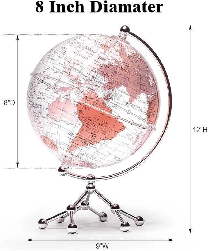 Decorative 8" Pink Earth Globe with Stand – Rotating Desktop Map for Kids, Educational World Globe with Detailed Map for Home, Office, and Classroom