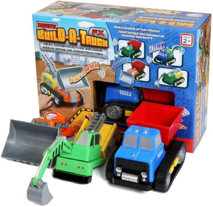 Popular Playthings Magnetic Build-a-Truck Construction Set of 4 Construction Vehicles with Real Construction Site Sounds