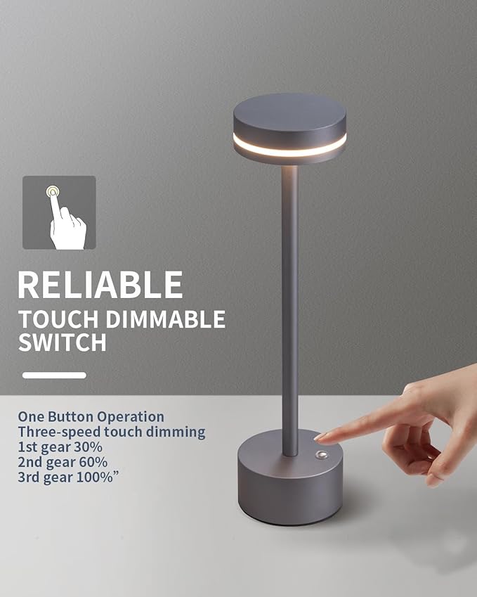PUSU Portable Table Lamp Battery Powered LED Lamp Cordless Table Lights 3-Level Brightness Touch Control, for Home Office Bedroom Hotel Room Restaurant Outdoor(Gray)