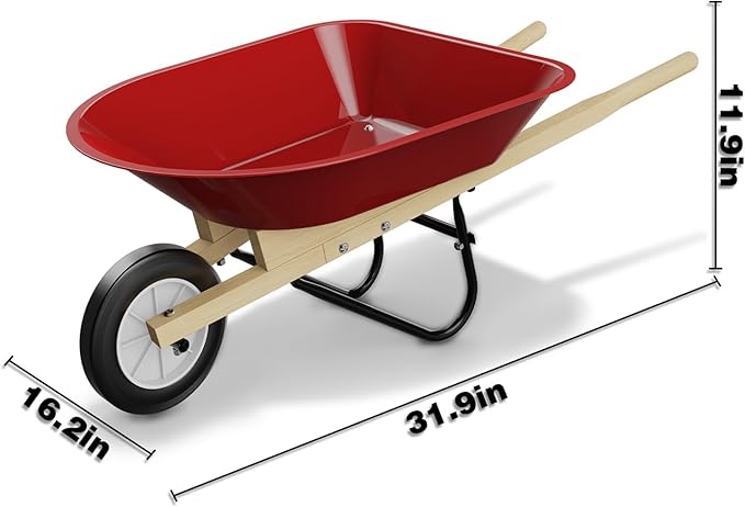 Qtioucp Kids Wheelbarrow Set with Gardening Tools Outdoor Backyard Garden Play for Toddlers Boys Girls 3-8, with Shovel, Rake, Leaf Rake, Easter Birthday Gifts (Wheelbarrow Red Color)