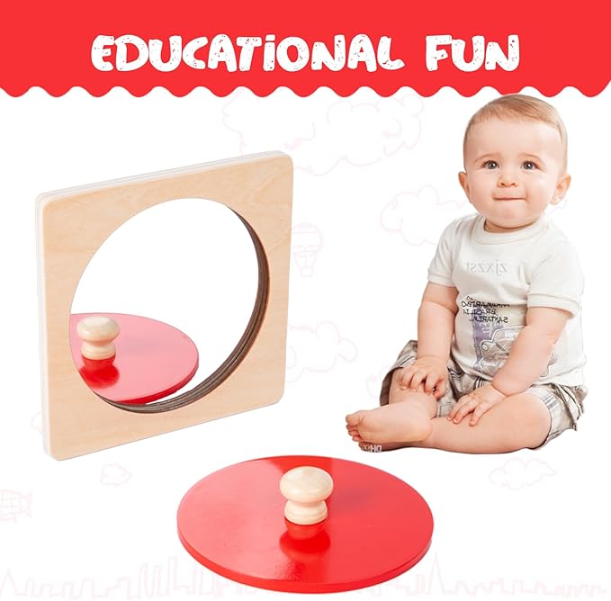 Montessori Baby Toys Play Kit Montessori Mirror Peekaboo Knob Puzzle, Medium Spinning Drum and Rainbow Fabric Ball Kit Toys for6-12Months Toddlers (Mirror Peekaboo Knob Puzzle)