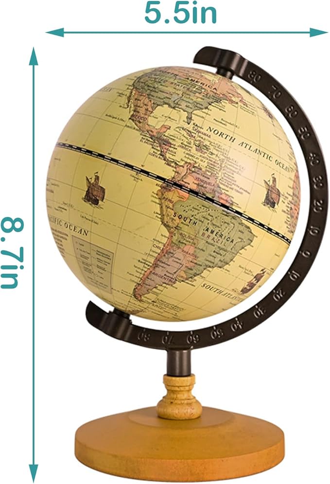 Vintage Mini World Globe for Adults Kids,Dia 5.5" with Wooden Stand Metal Frame,Antique Color Decorative Desktop Globe for Home Office Decor,Educational Geographic Globe for Kids Learning
